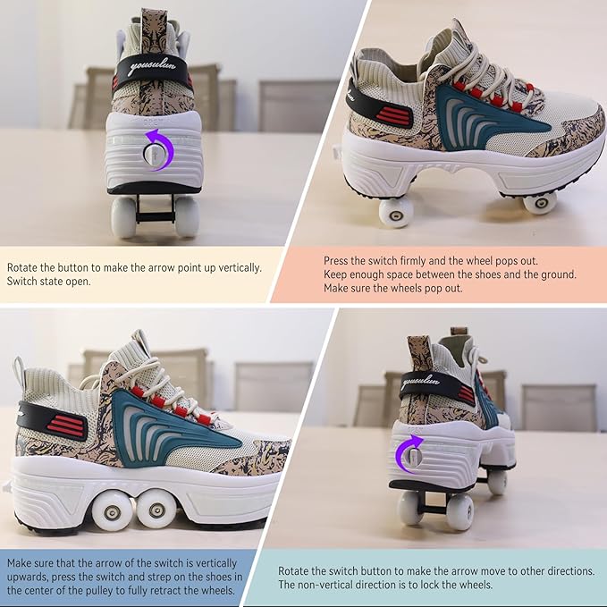 Roller Skate Shoes for Women Four Rounds Children's Roller Skates Shoes That Turn into Rollerskates Sneakers Outdoor Light Shoes with Wheels for Girls/Boys