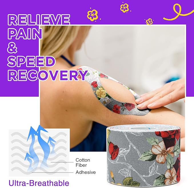 OK TAPE Patterned Kinesiology Tape, Elastic Physical Therapy Athletic Tape for Pain Relief & Muscle Support, Uncut Kinetic Tape, 2in x 16.4ft- 2 Rolls (Rose)
