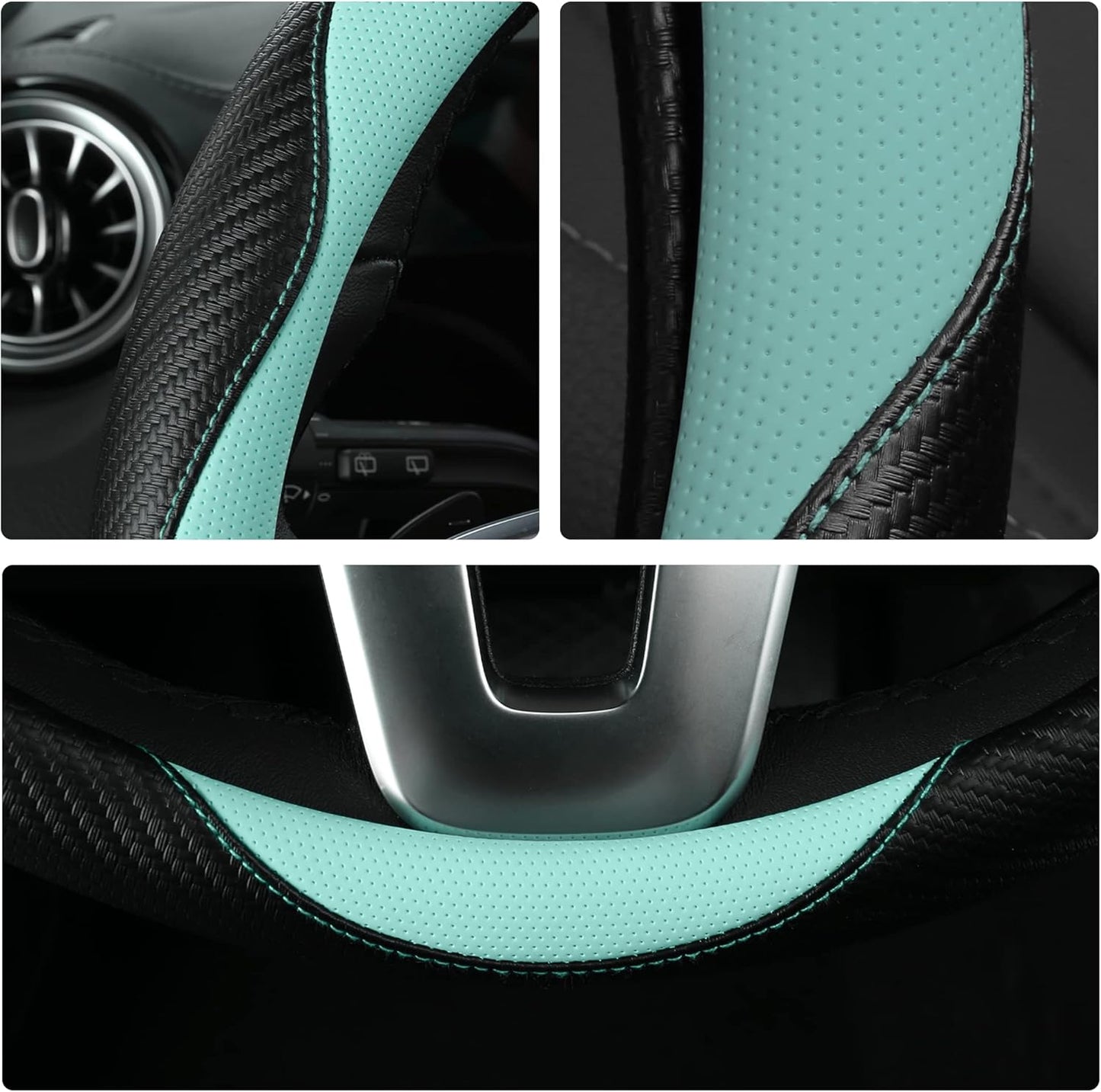 Car Steering Wheel Covers for Women Girl Padded Carbon Fiber PU Leather Cute Cartoon Auto Interior Accessories for Jeep, Truck, Universal, Anti Slip, Green, Large Size 15.5-16"(39-41cm)