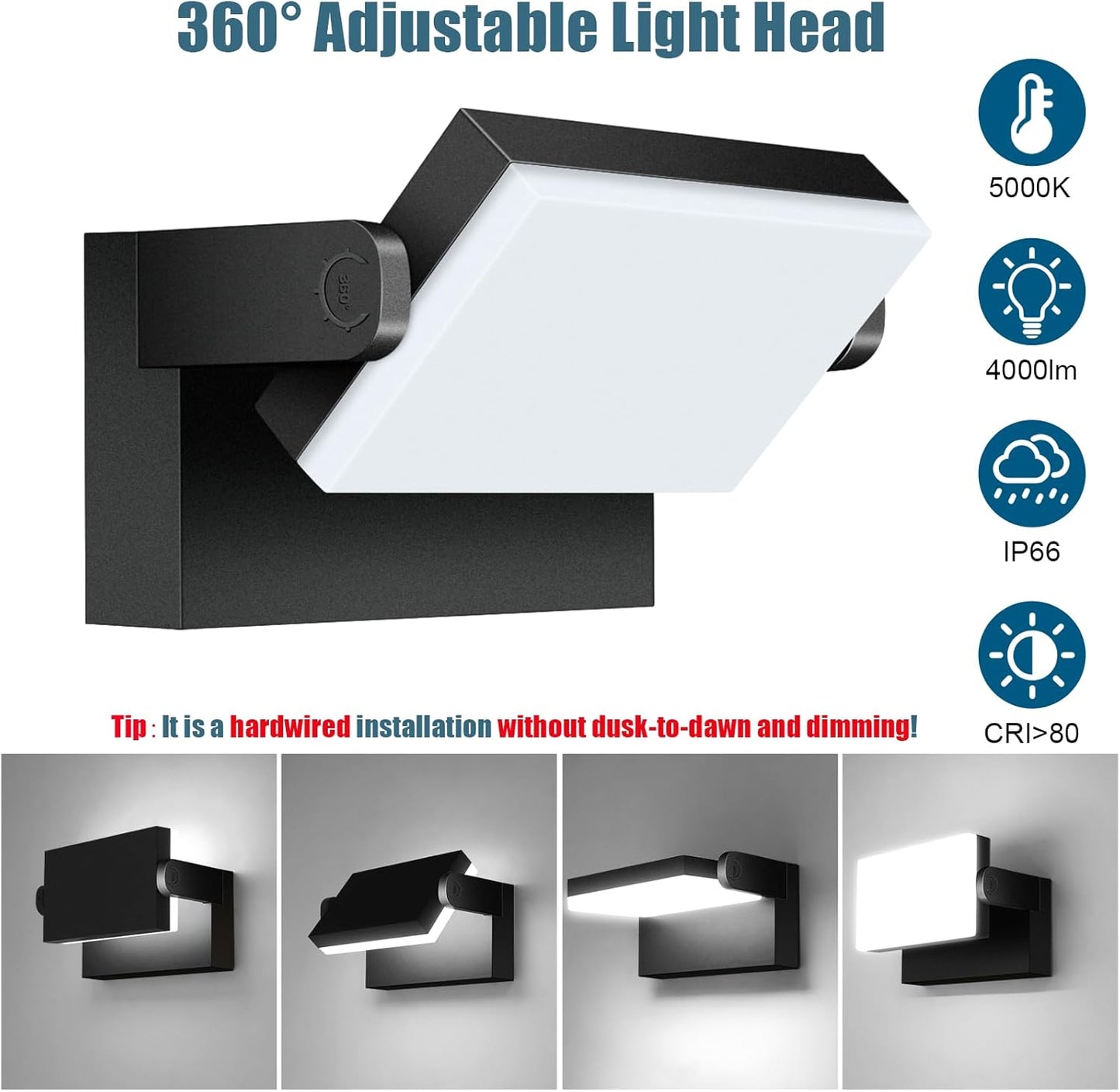 40W Outdoor Wall Light 360 °Rotatable Led Wall Pack Light, 5000K 4000LM Super Bright Wall Mount Lights, Waterproof Self-Developed Security Exterior Flood Lighting for Yard House 2Pack ﻿