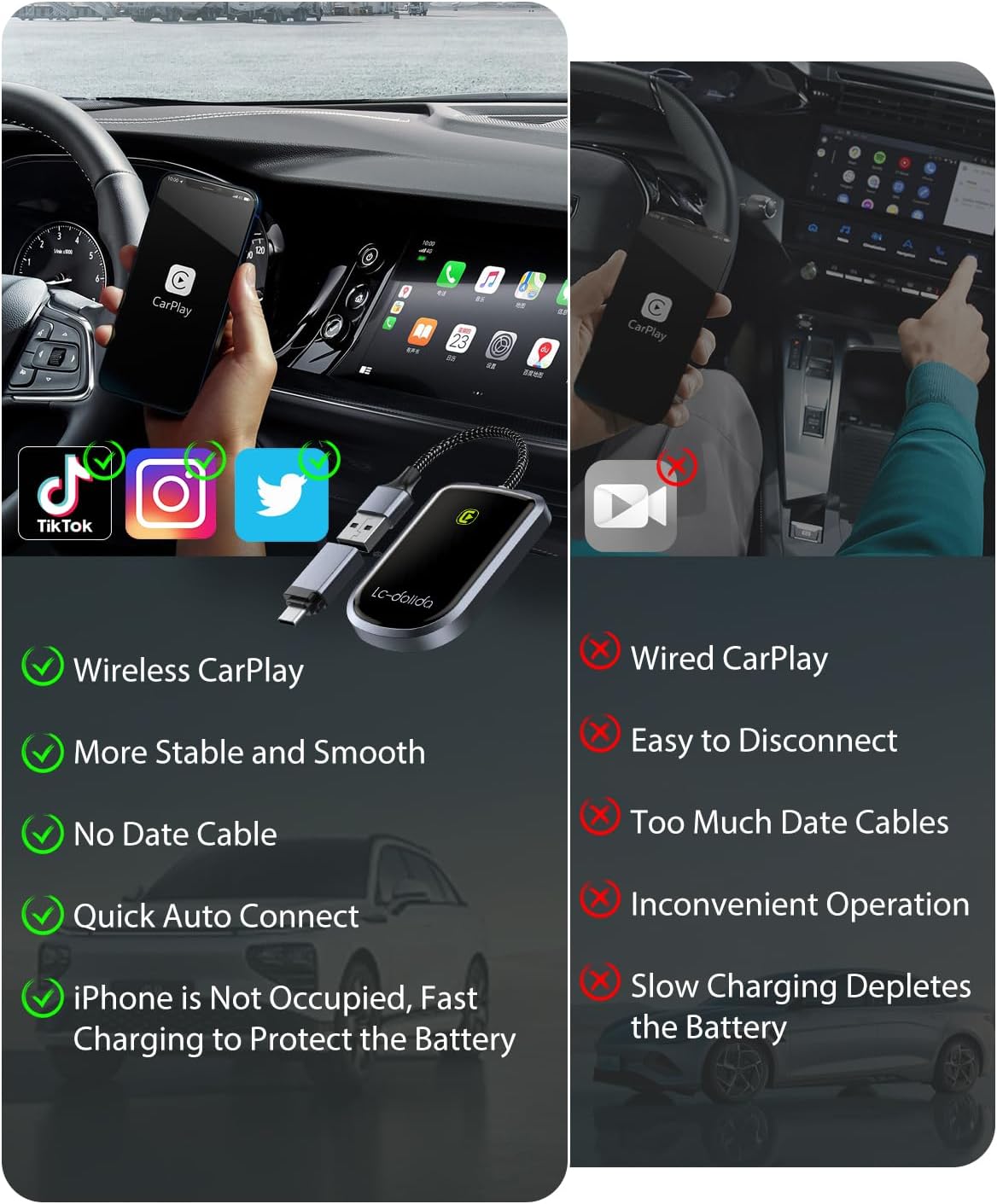 LC-dolida Wireless CarPlay Adapter for Apple -Convert Wired to Wireless Adapter Dongle Cars, Plug and Play for iOS 10+&Cars 2017