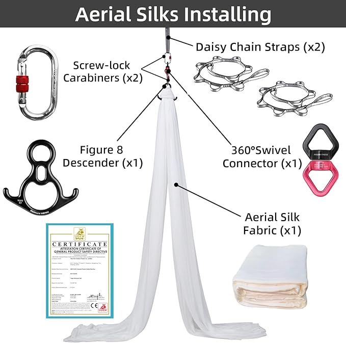 PRIOR FITNESS Aerial Silks Kit Colorful 9/15/20 Yards 40D Nylon Fabric Hammock Set With Hardware & Guide for All Levels Of Aerial Yoga Practice and Acrobatic Flying For Adults Aerial silk