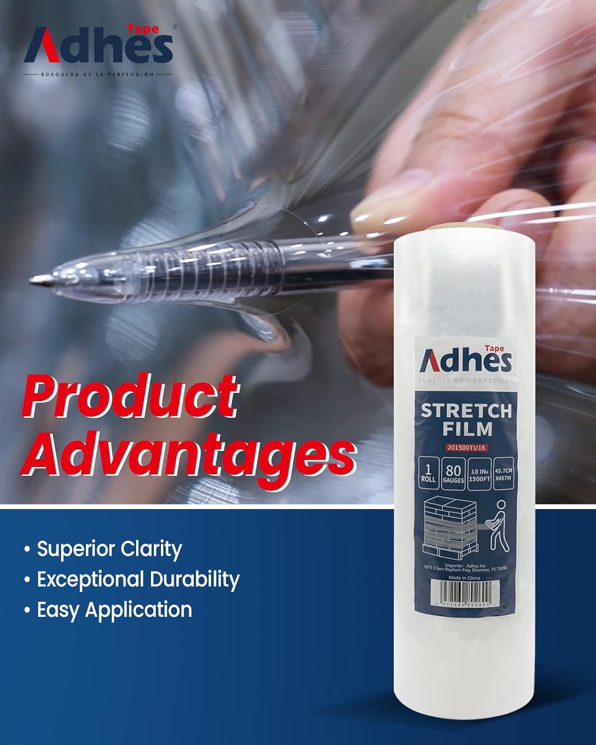 ADHES Heavy Duty Shrink Wrap Roll, 18 Inch x 1500 Feet, 4-Pack Stretch Wrap Stretch Film, 80 Gauge Industrial Strength Plastic Moving Rrap for Pallet Wrap, Furniture Wrapping Moving & Protection