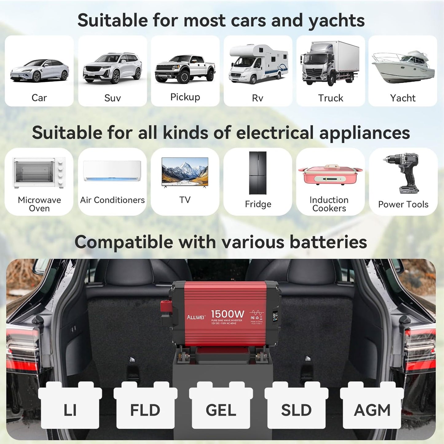 ALLWEI 1500W Pure Sine Wave Inverter 12V DC to 110V AC Converter, Surge 3000W | Power Inverters for Vehicles with 2 AC Outlets, RV Truck Boat Home Outdoor & Off-Grid Solar Inverter, Smart LCD Display