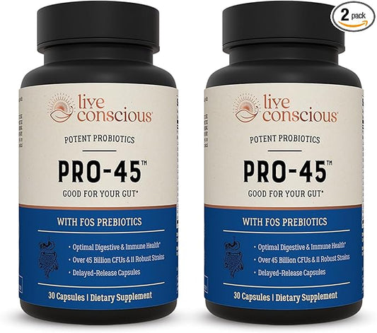 Live Conscious PRO45: Probiotic Formula, 45 Billion CFU, 11 Comprehensive strains. Dairy Free. Delayed Release Veggie caps. Promotes Immune and Digestive Health. 60 Capsules (2-Pack)