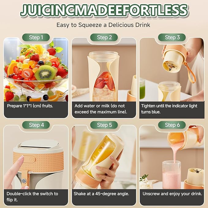 Portable Blender Cup- 450ml Multi-Function Blender with Ice-Crushing,Strong Cutting Power with 6 Blades, BPA Free, USB-C Rechargeable,Fruit Veggie Juicer Cup for Home, Sport, Office, Camping (Orange)