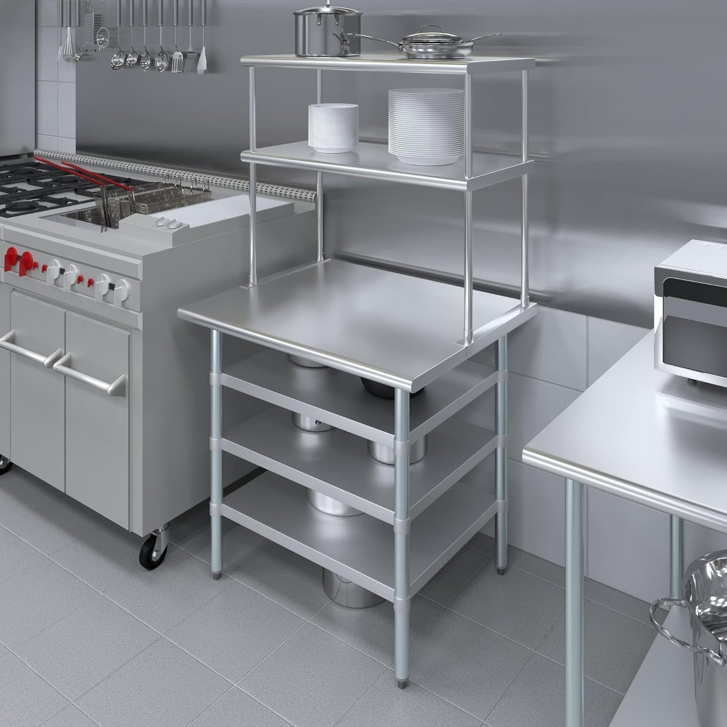 Amgood 30" x 36" Stainless Steel Work Table with 3 Shelves and 18" Wide Double Tier Overshelf | Metal Kitchen Prep Table & Shelving Combo | NSF