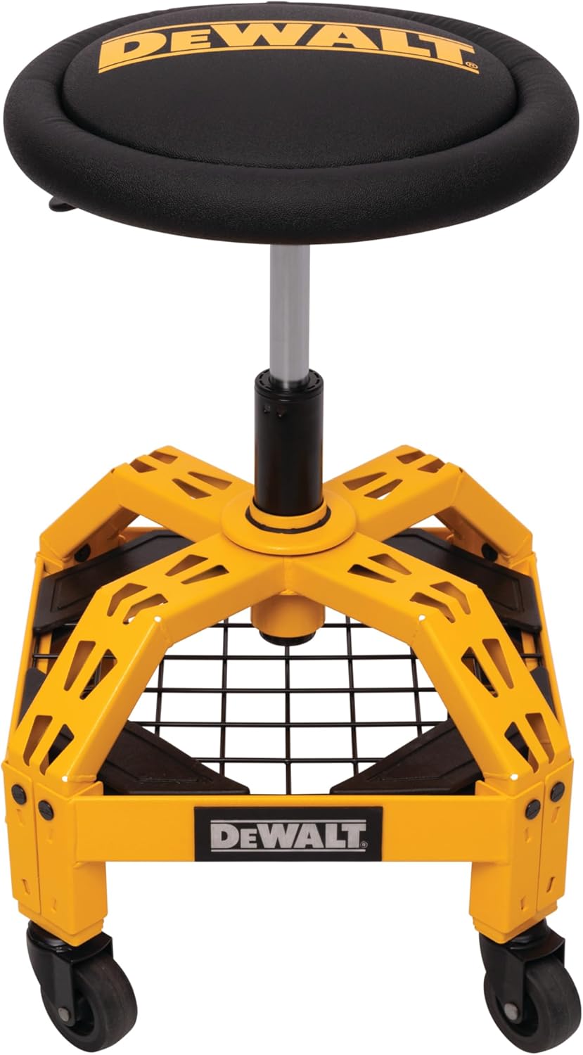 DEWALT Heavy-Duty Metal Rolling Stool for Shop or Garage, Padded 360-degree Swivel Seat, Durable Steel Frame, Adjustable