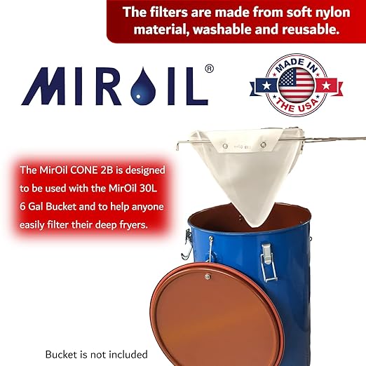 MirOil Filter Pot Combo, Oil Pot & Oil Filter Bag, 6 Gallon Deep Fryer Grease Disposal Caddy w/Reusable EZ Flow Strainer Bag and Frame for Filtering & Safe Storage, Extends Life & Polish Fryer Grease