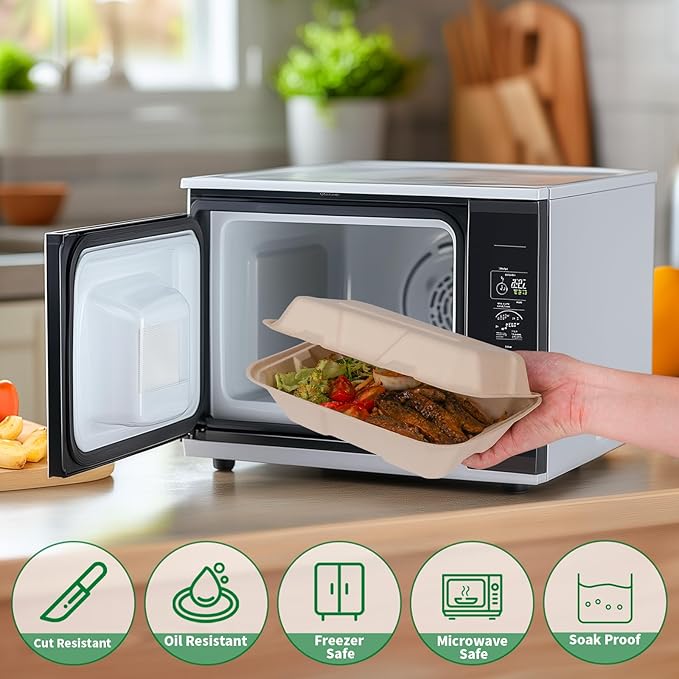 Aricsen Compostable 100 Pack 9x6 Inch Takeout Lunch Box Containers with Lid To Go Take Out Clamshell for Food, Disposable Eco-Friendly Biodegradable Bagasse, PFAS-Free, Brown