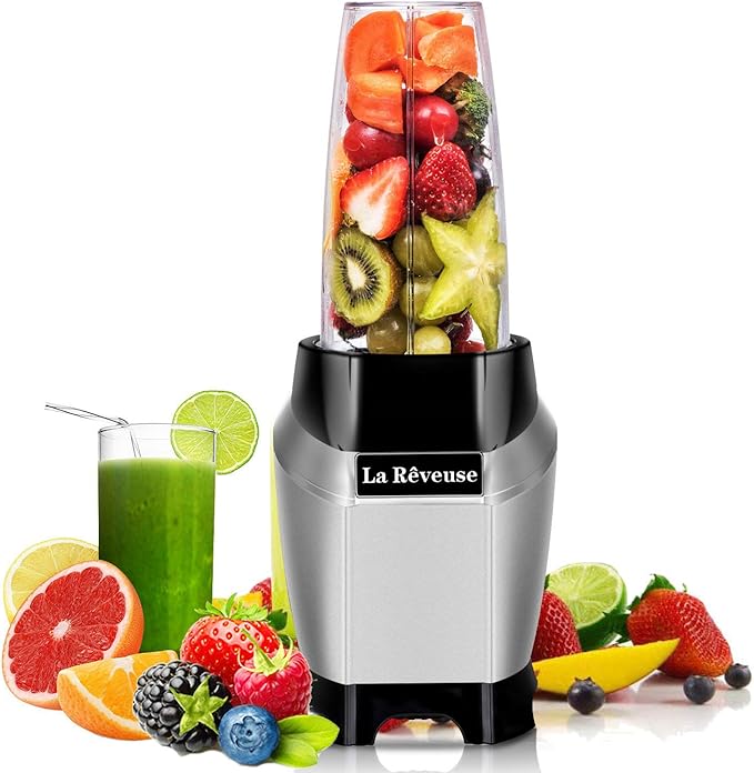 La Reveuse Personal Blender for Shakes and Smoothies 1000 Watt with 24 oz BPA-free Portable Travel Bottle, Dishwasher Safe (Silver)