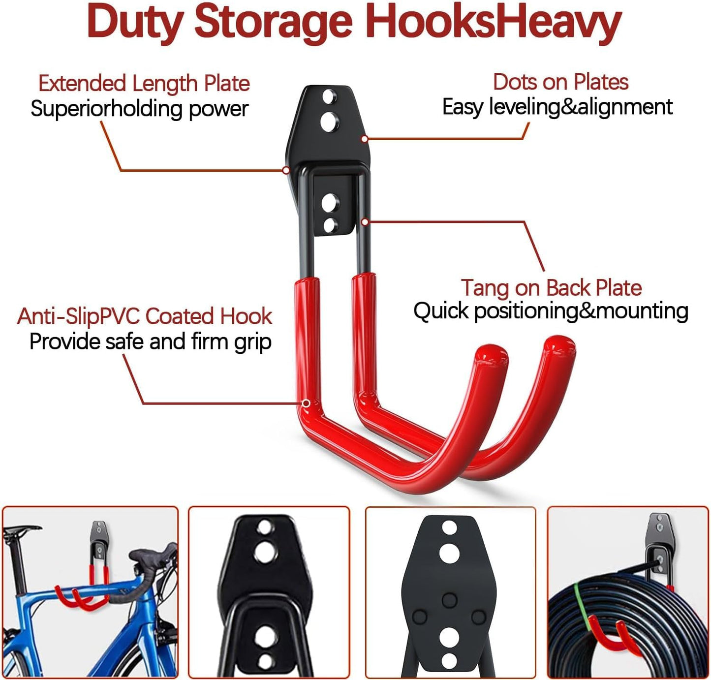 3-H Garage Wall Hooks 62 Pack, Heavy Duty Garage Hooks with Extra Welding Spots, Wall Mount Storage Organizer for Hanging Garden Lawn Tools, Ladder, Bike, WeedEater, Chair, Shovel, Blower (Red)
