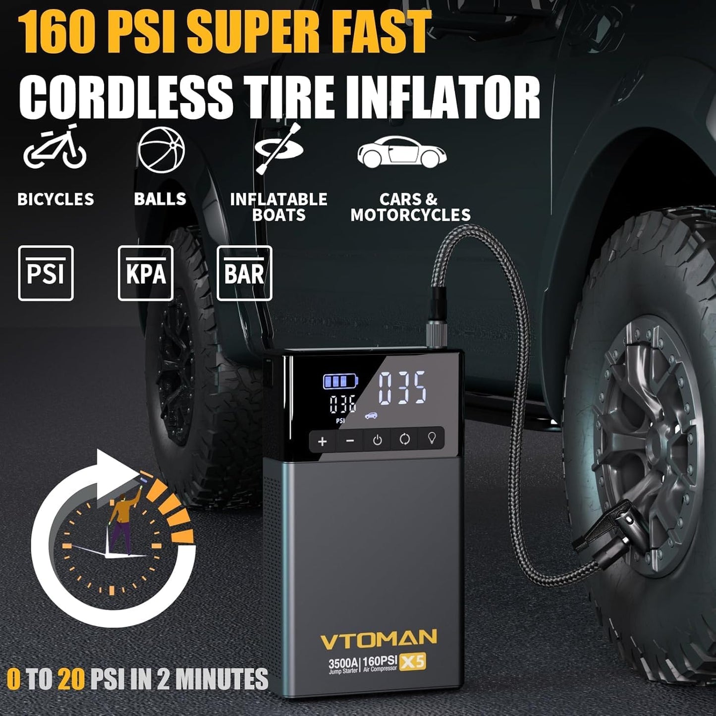 VTOMAN X5 Jump Starter with Air Compressor, 3500A Portable Car Battery Booster (Up to 9L Gas/8L Diesel Engines) with 160PSI Digital Tire Inflator, 12V Lithium Battery Jump box with Type-C Quick Charge