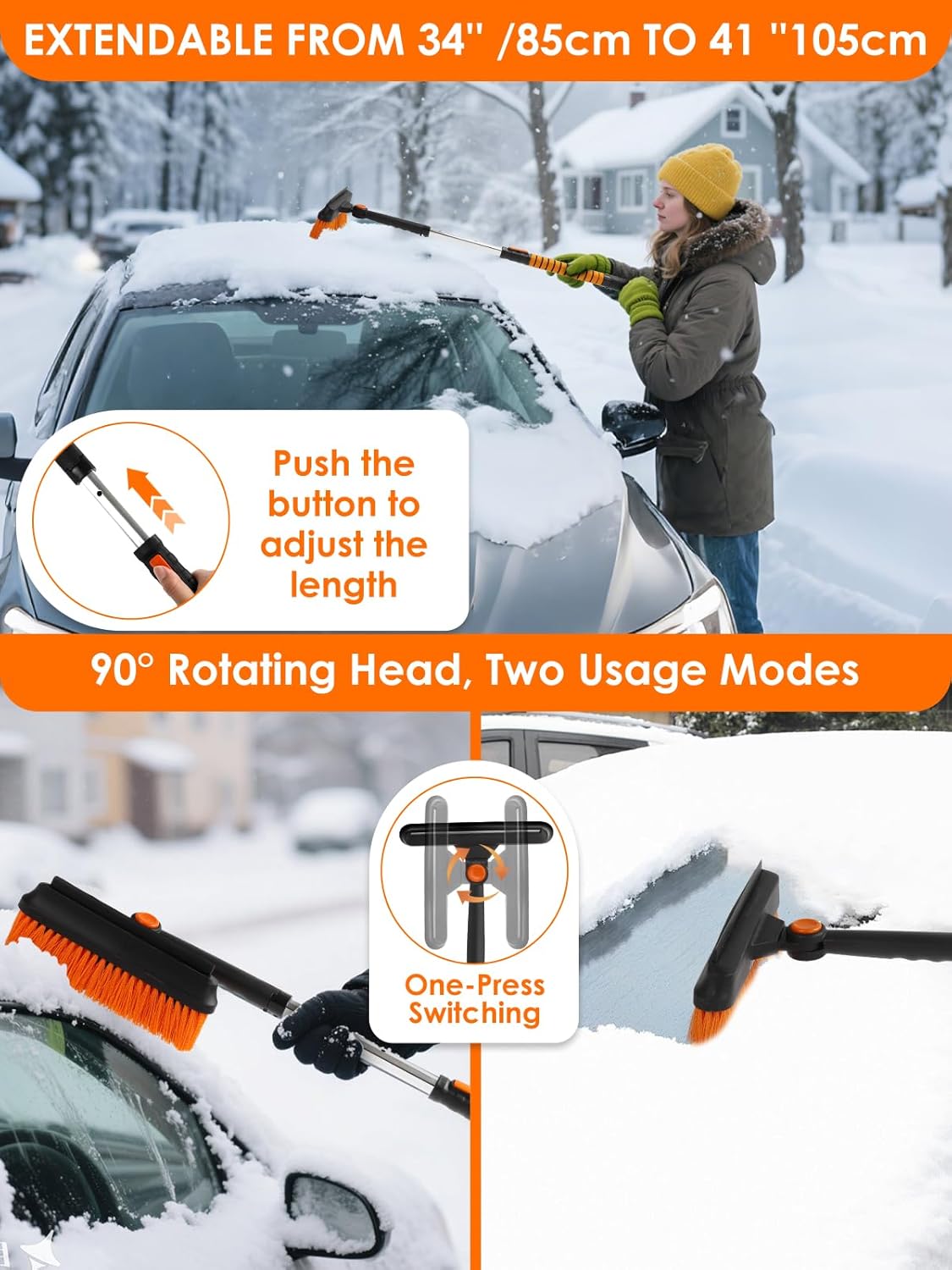 90° Fixed Rotation 3-in-1 Car Snow Brush and Ice Scraper for Cars Windshield with Silicone Squeegee Ergonomic Aluminum Foam Grip Handle 43.3" Extendable for Car Truck SUV Home Winter Snow Removal