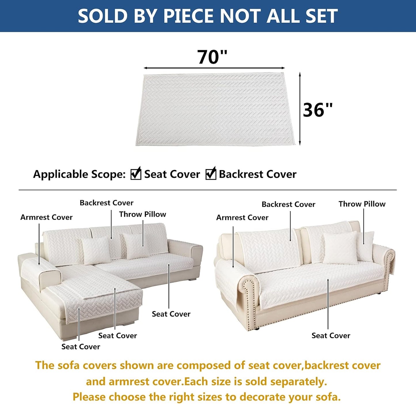 Eismodra Couch Cover,Sectional Couch Covers,Sofa Covers for 3 Cushion Couch,Anti-Slip Sofa Slipcovers for Dogs Cats Kids Loveseat Recliner L Shaped Armrest Backrest,White 36''x70''(Only 1 Piece)