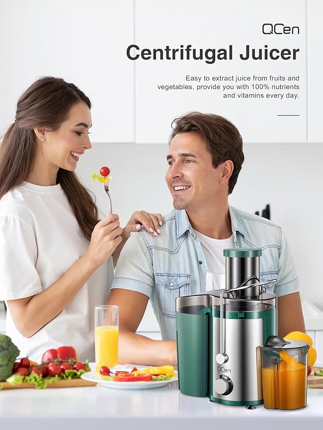 QCen Juicer Machine, 800W Centrifugal Juicer Extractor with Wide Mouth 3” Feed Chute for Fruit Vegetable, Easy to Clean, Stainless Steel, BPA-free (Green)