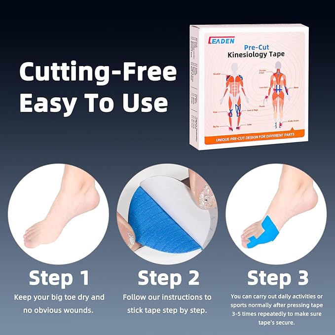 IEADEN Precut Kinesiology Tape for Bunion, 40 Pcs, Bunion Corrector & Relief, Big Toe Support and Pain Relief, Breathable Hypoallergenic Latex-Free Tape (Blue)