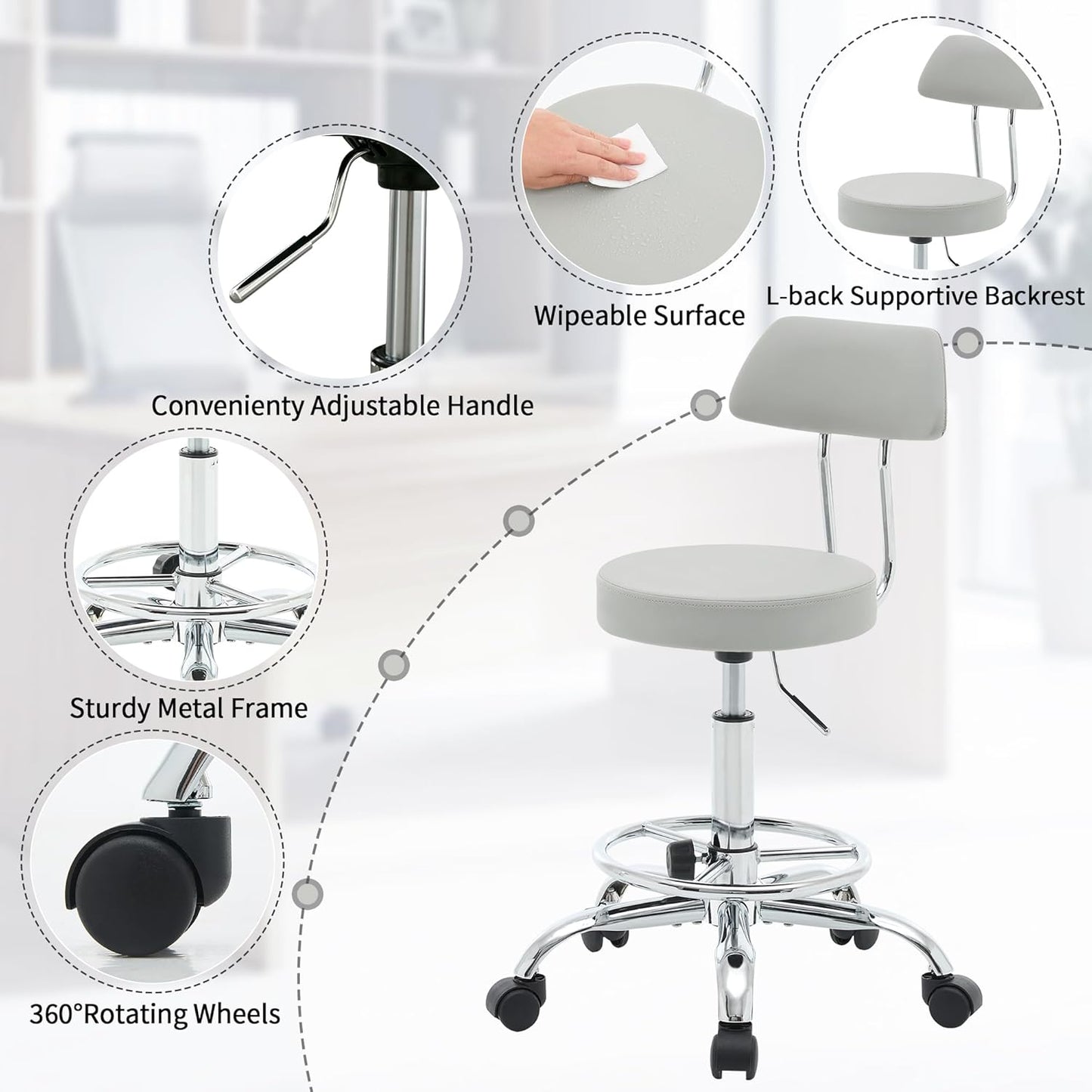 Drafting Stool (Height Adjustable Office Chair with Footrest 19.5’’-26.6’’)(Drum Stool with Back) Space Saving Tattoo Chair (Gray)