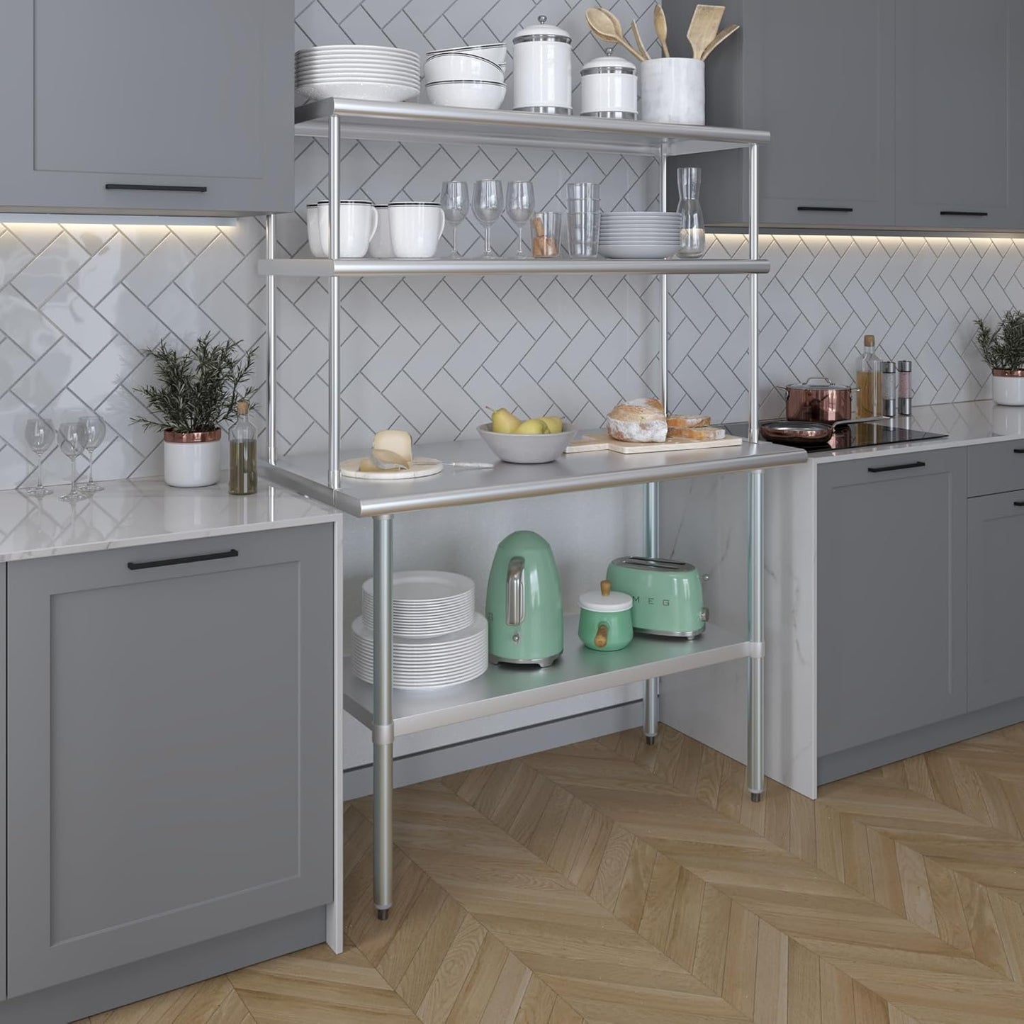 Amgood Stainless Steel Work Table Double Tier Overshelf | Metal Kitchen Prep Table & Shelving Combo | NSF (24" x 48" Work Table + 18" Overshelf)