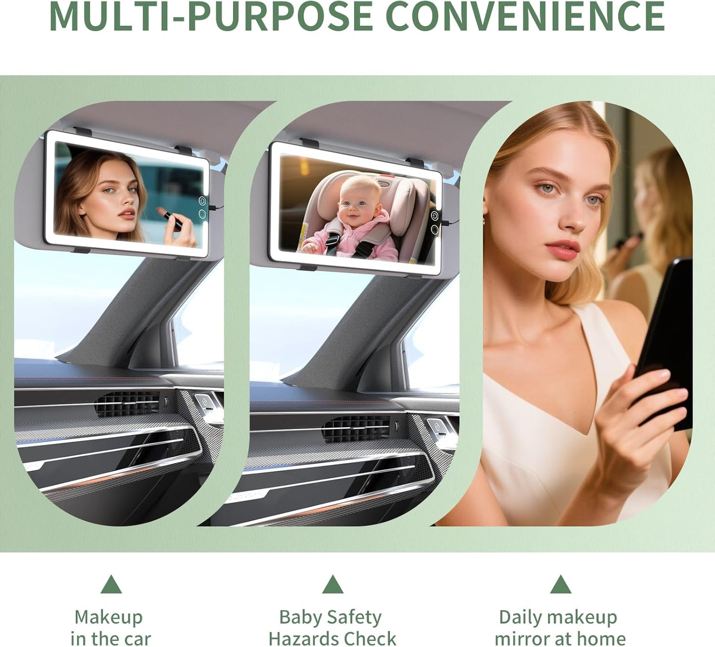 2 Pcs Car Sun Visor Vanity Mirror,Dimmable Rear View Visor Makeup Mirror with 3 Light Modes,Black