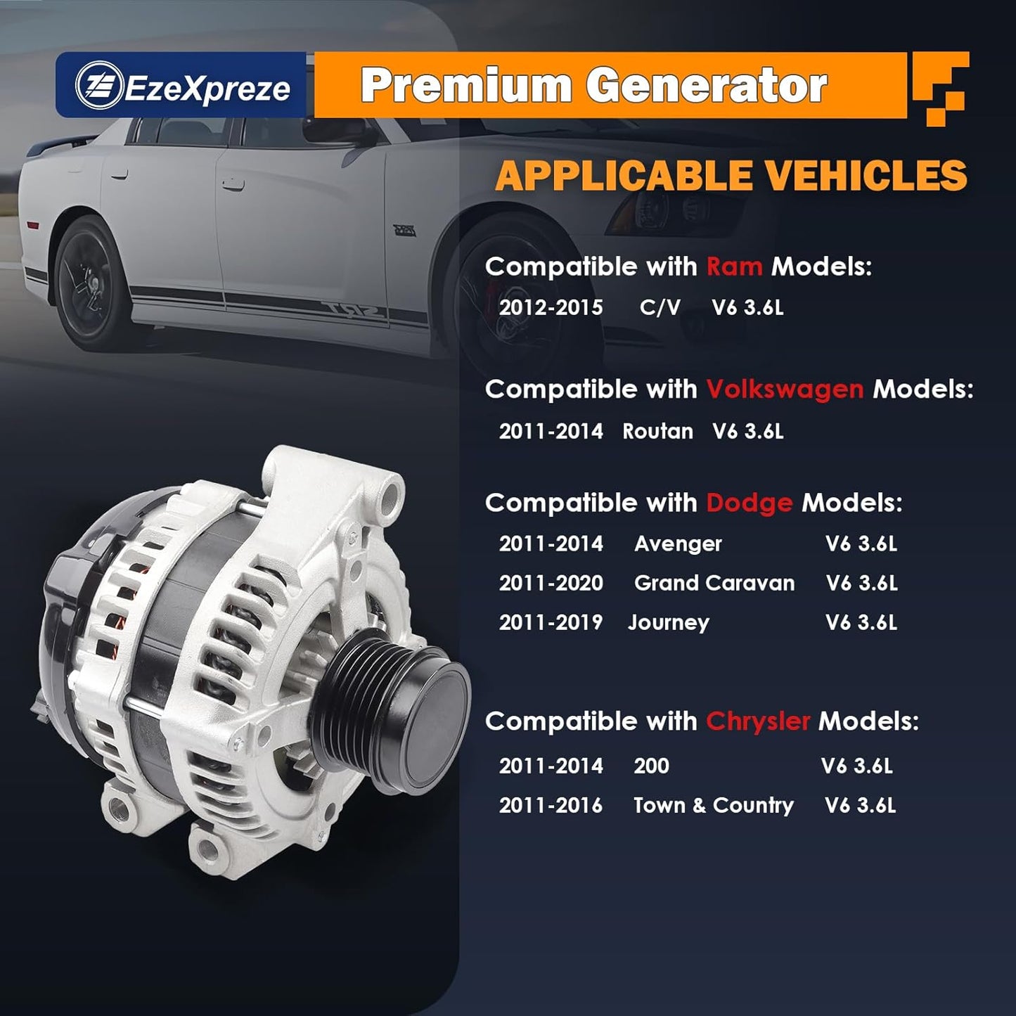 Ezexpreze Alternator Compatible with Chrysler 200 11-14, Town & Country alternator 11-16 & Dodge Avenger 11-14, Grand Caravan 11-20, Journey 11-19 & Ram C/V & VW Routan, V6 3.6L,11570N, 11570