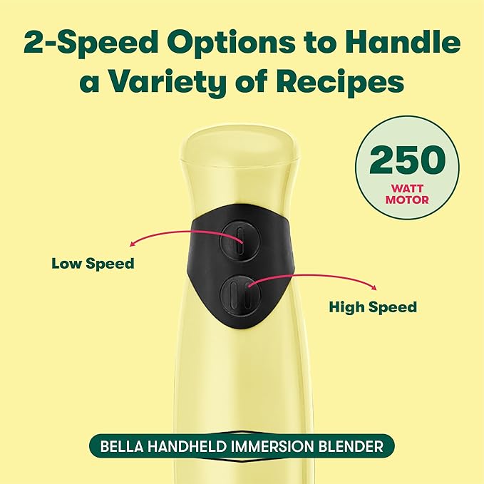 BELLA Immersion Blender, Portable Mixer and Emulsifier with Whisk Attachment, 2 Speed, Electric Handheld Juicer, Shakes, Baby Food and Smoothie Maker, Stainless Steel, BPA Free, 250 Watt, Yellow