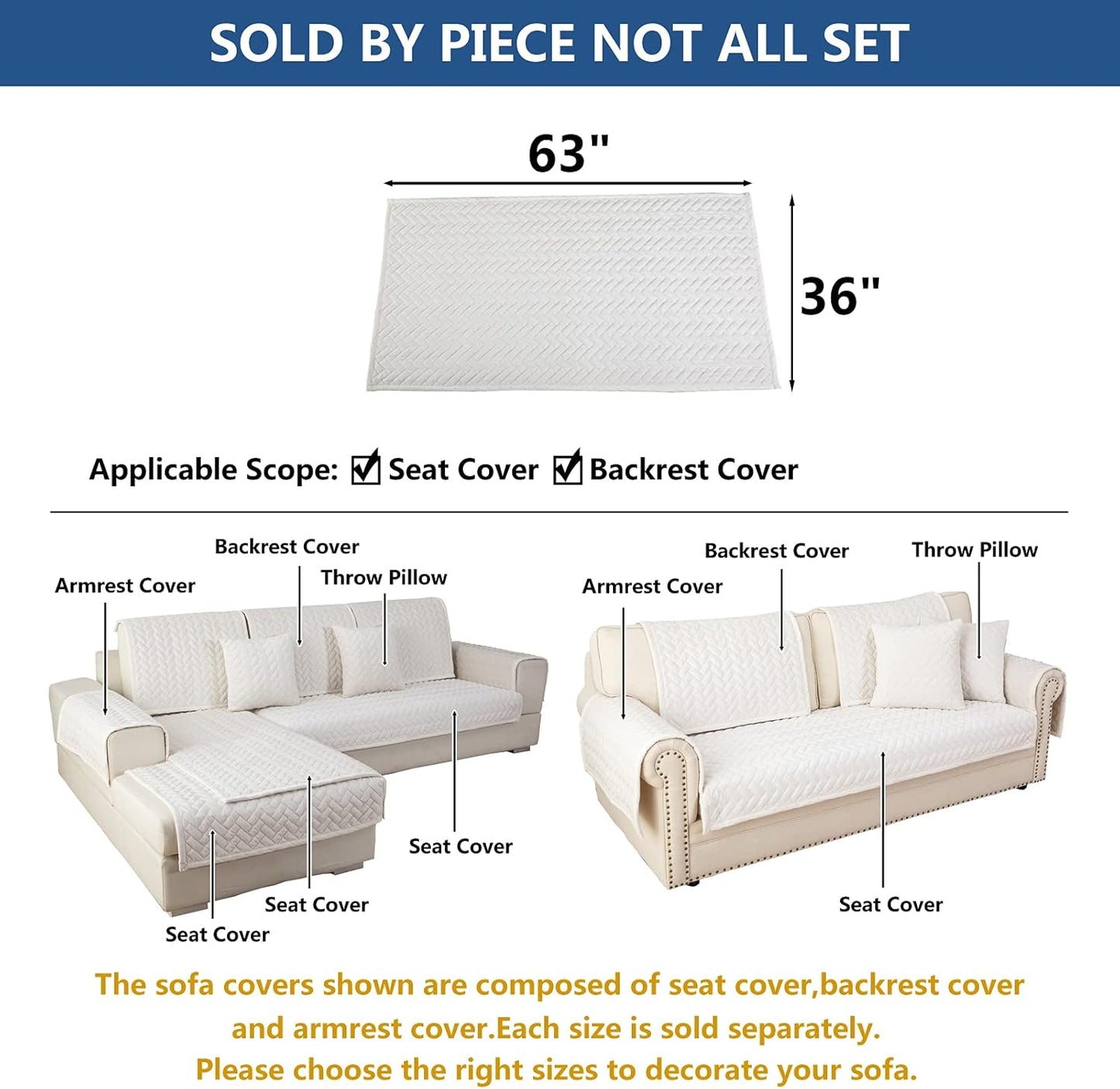 Eismodra Couch Cover,Sectional Couch Covers,Sofa Covers for 3 Cushion Couch,Anti-Slip Sofa Slipcovers for Dogs Cats Kids Loveseat Recliner L Shaped Armrest Backrest,White 36''x63''(Only 1 Piece)