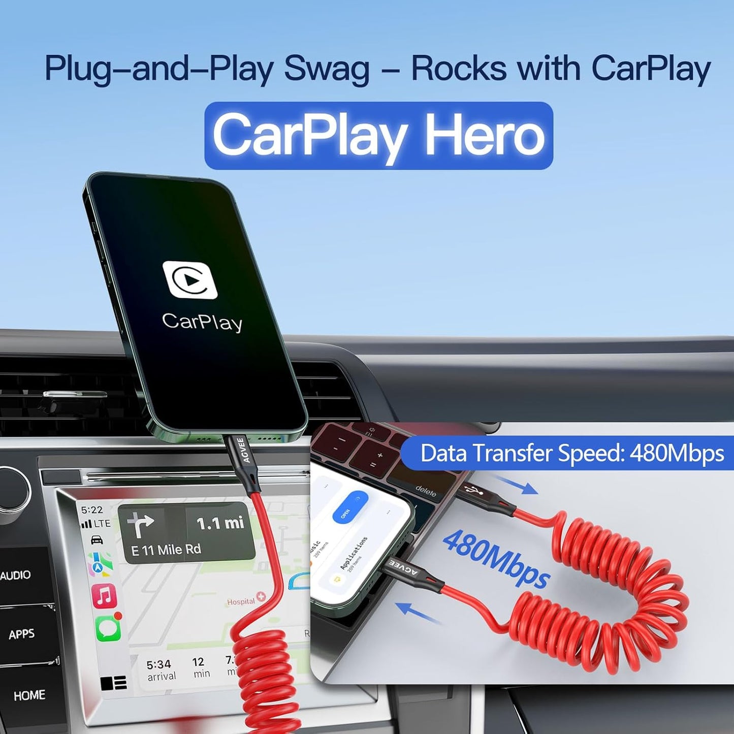 AGVEE 2 Pack 3ft Coiled Short USB-C to Lightning Charging Cable [MFI Certified] 30W PD Fast Charger Cord in Car for iPhone 14/13/12/11/XS/8/7/6/5 CarPlay, iPad, iPod, Red