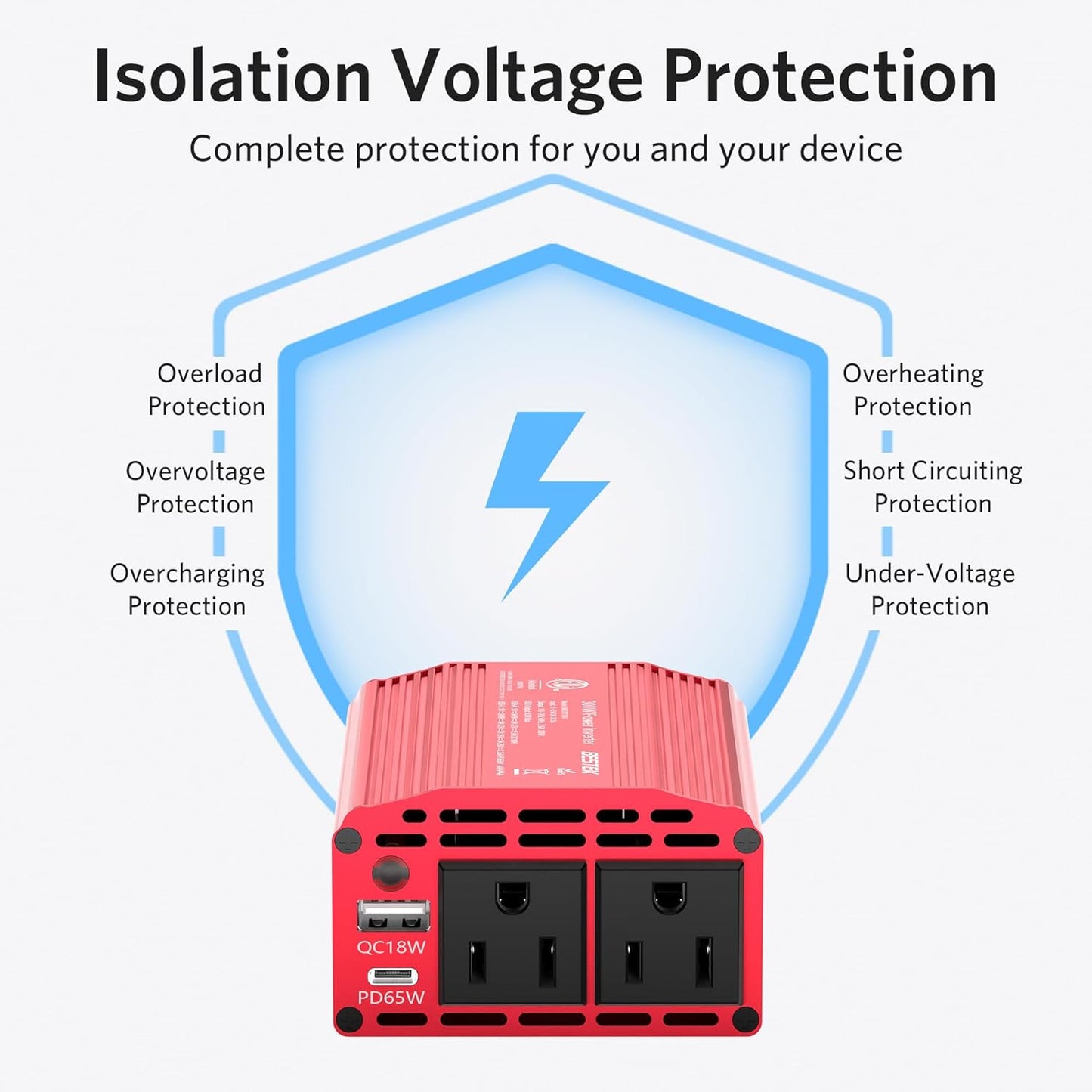 BESTEK 300W Car Power Inverter with 65W USB-C and QC3.0 Ports - 12V DC to 110V AC Converter for Vehicles with Multi-Protection - Red