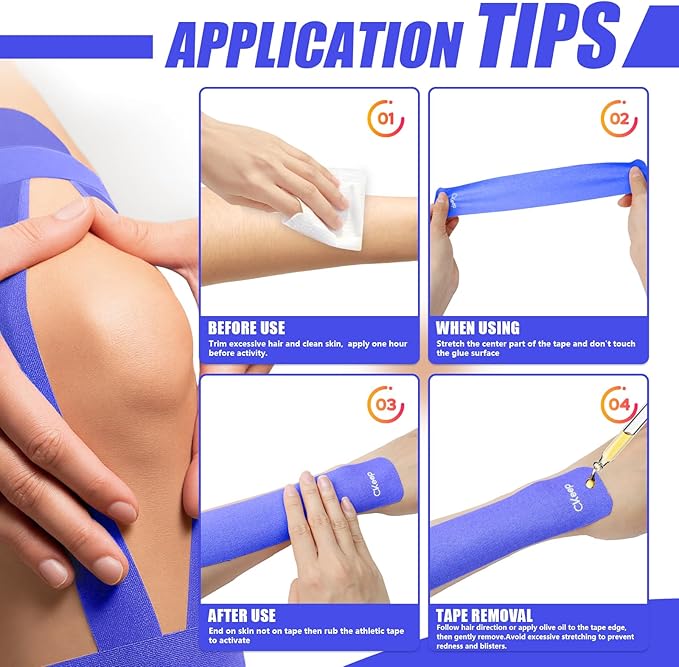 CKeep 4 Rolls Kinesiology Tape, Original Cotton Elastic Athletic Tape, 20 Precut 10" Strips Each, Blue, Ideal for Muscle Support & Injury Prevention