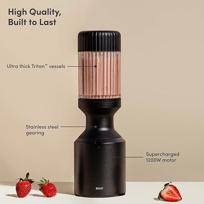 Beast Mega 1200 | Premium Countertop Blender | Smoothies, Shakes, Sauces, Dips, Soups | Blends Ice and Frozen Fruit | Includes Extra Lids and Straw System | 1200W | (Carbon Black, 120V)