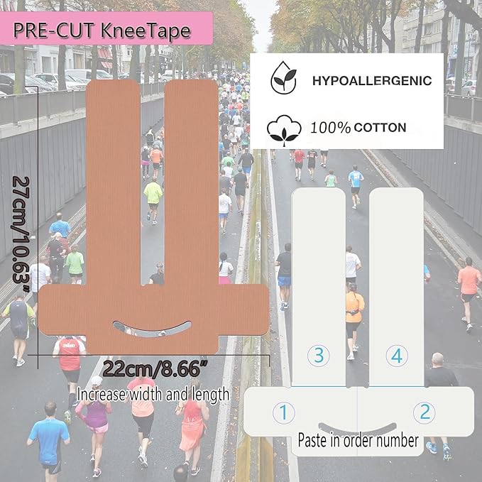 Kinesiology Tape for Knees, 12 Count Pre-Cut Waterproof Knee Tape for Knee Pain Relief Pre Cut, Original Cotton Athletic Tape, Durable Knee Tape for Sports and Long-Lasting Support (Flesh)