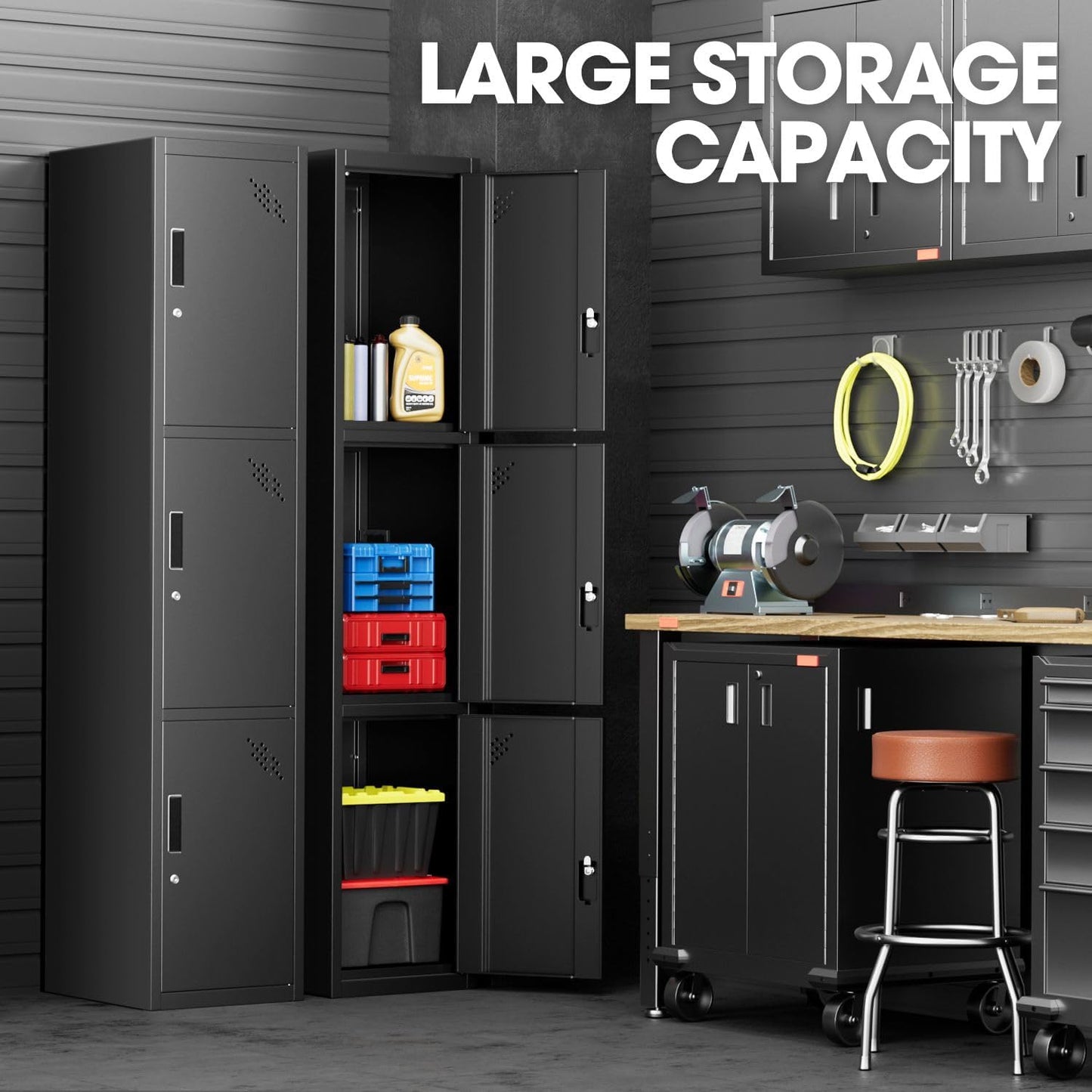 DNA MOTORING Metal Storage Cabinet for Employees with Keys, 71" Employees Metal Locker with 3 Doors, Tall Storage Lockers for Garage,Office,Home,Gym, Black, TOOLS-00789-BK-BK