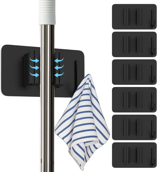 6 Pack Stainless Steel Mop and Broom Holders – Wall Mounted Grippers with Adhesive or Nail-Free Glue, No-Drill Installation for Kitchen, Bathroom, Garage
