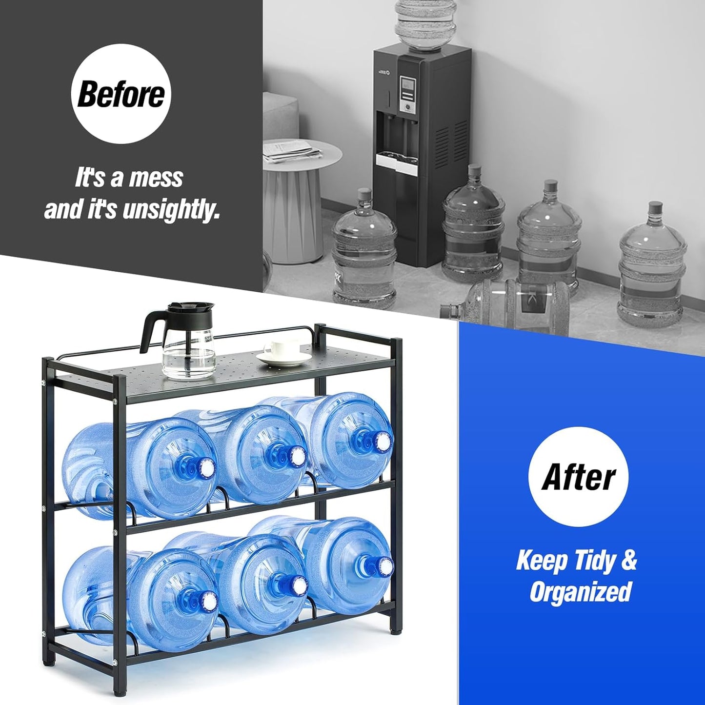 5 Gallon Water Bottle Holder 6-Tray 3/5 Gallon Water Jug Rack with Top Shelf Heavy Duty Jug Stand for Kitchen, Office, Garage Black