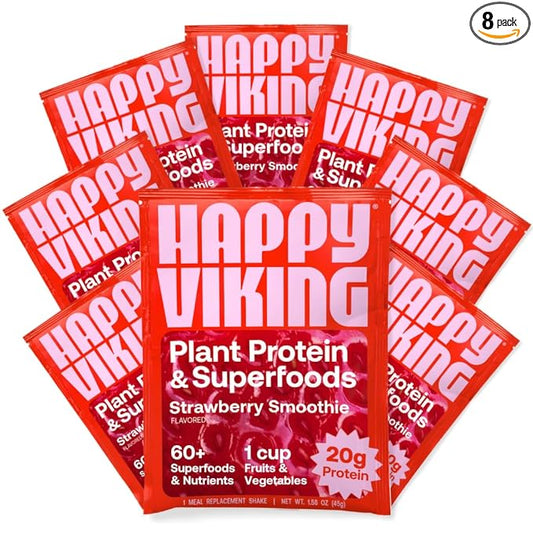 Happy Viking Strawberry Smoothie Plant Protein Powder, Created by Venus Williams, 20G Protein, Low Carb, Keto, Vegan, Gluten-Free, Non-GMO, Superfoods, Complete Meal Replacement, 8 Single Serve Packs