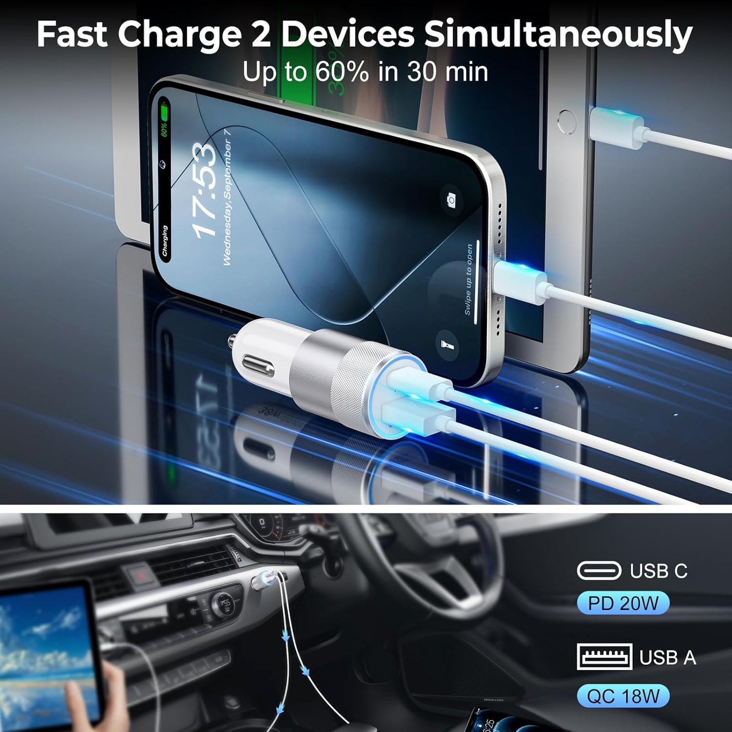3-Pack Car Charger, Ancekoy 38W Dual Port Fast Charge PD & QC 3.0 Car Adapter Cigarette Lighter USB Plug for iPhone 16/15/14/13 Pro Max, iPad, Galaxy S25/S24/S23 and More (White)