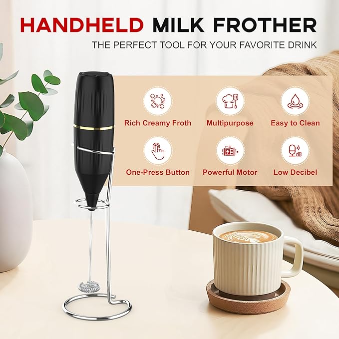 Handheld Milk Frother 14,000 RPM Drink Mixer Wand with Stand & Stirring Spoon Quiet One-Button Operation, Non-Slip Handle, Detachable Whisk Head for Coffee, Lattes, Cappuccinos, Matcha (Black)