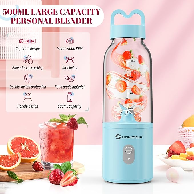 2PCS Portable Personal Blender 17 OZ/500 ML Juicer, 175W Personal Size Blender, Ideal for Smoothies, Ice Blending, Juicing, and Food Processing, Compact, Convenient, and Versatile（Blue&White）