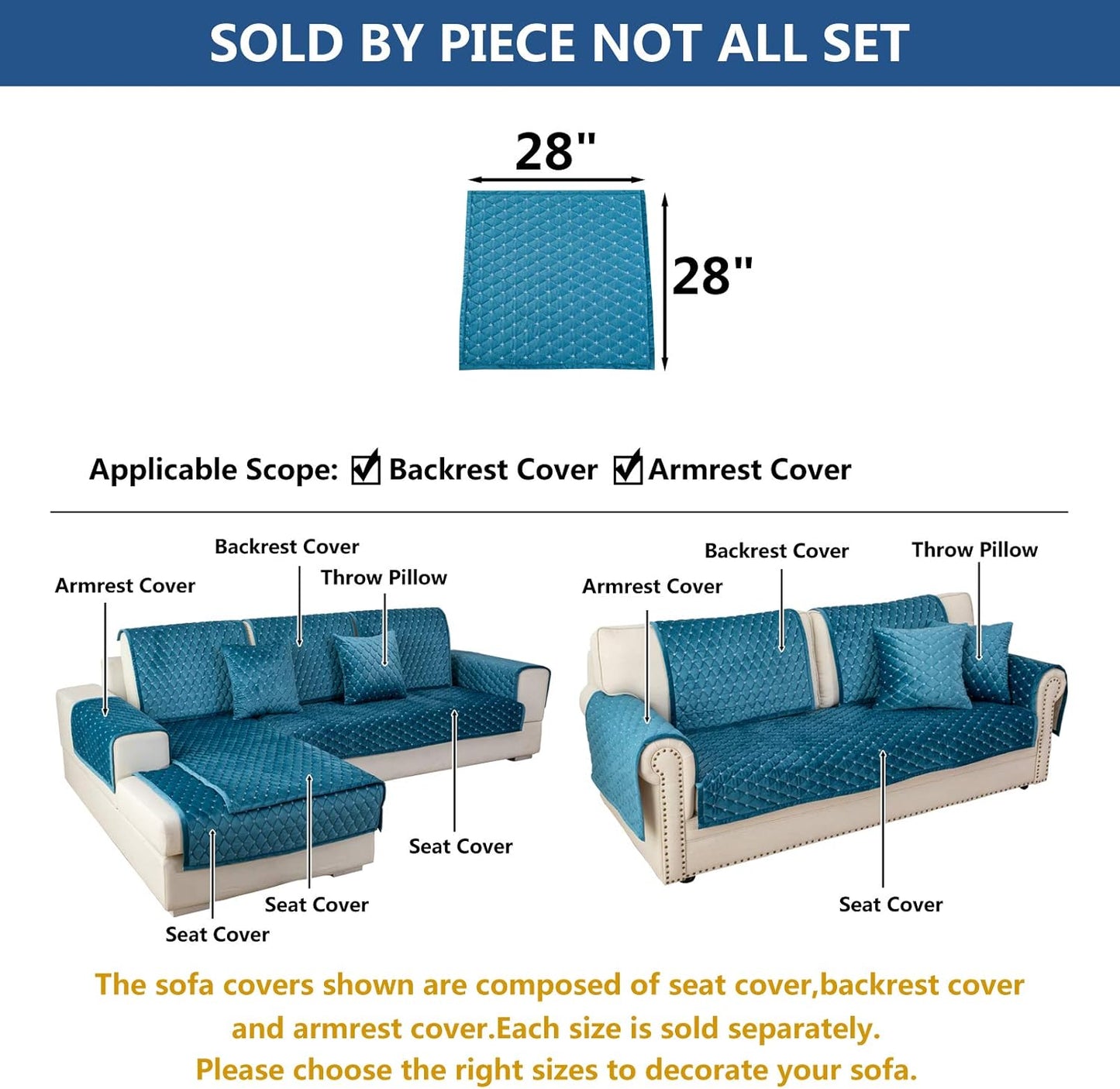 Eismodra Armrest Covers,Couch Cover,Sofa Cover,Backrest Covers,Anti-Slip Armchair Slipcovers for Dogs Cats Pet Loveseat Recliner Leather L Shaped,Blue 28 x 28 Inches (Only 1 Piece)