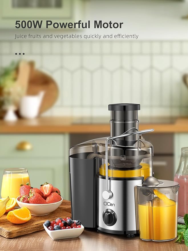 QCen Juicer Machine, 500W Centrifugal Juicer Extractor with 3” Wide Mouth Feed Chute for Fruits & Vegetables, Easy to Clean, Stainless Steel, BPA-Free