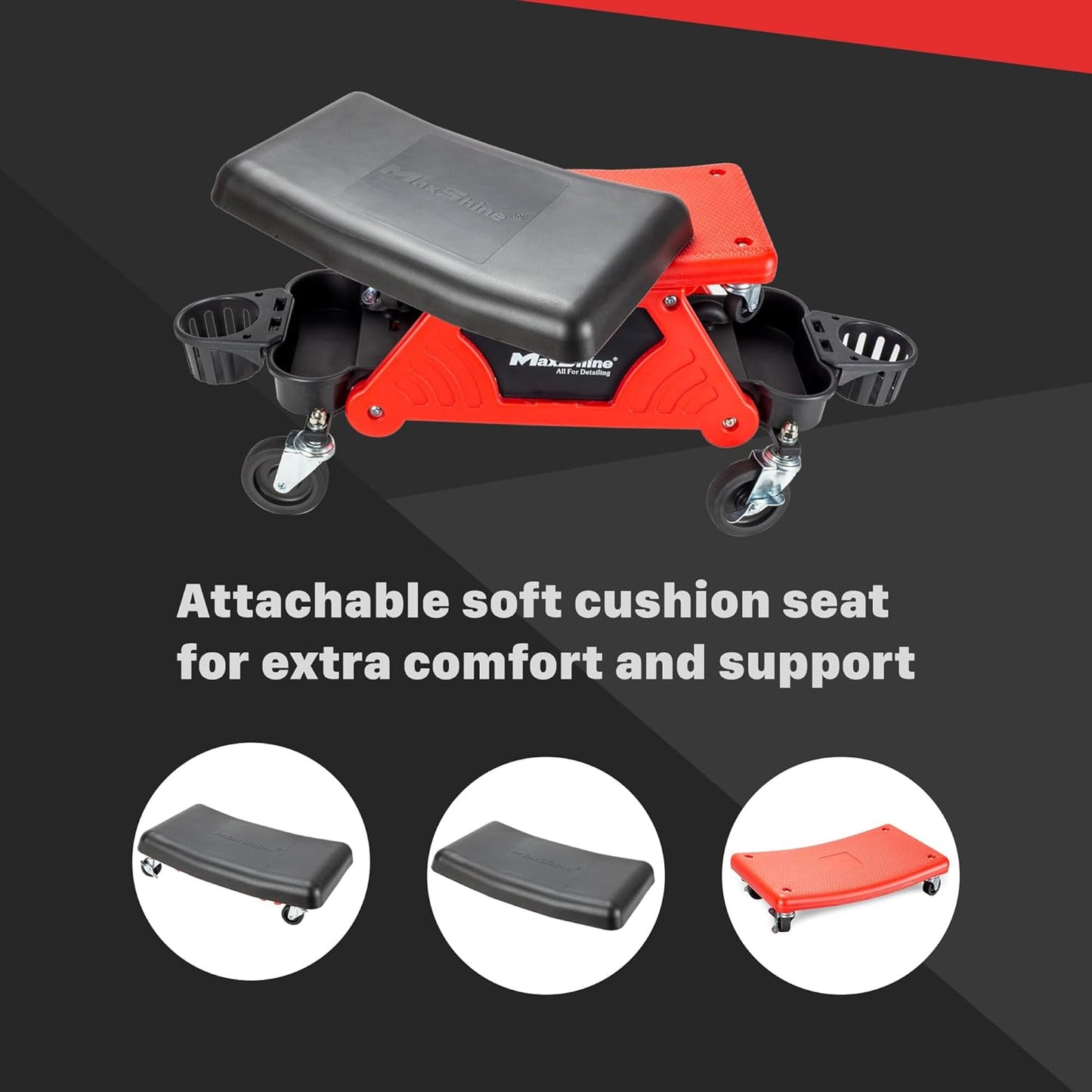Maxshine Detailing Mini Creeper with Cushion - Mobile Rolling Utility Creeper Seat for Mechanics & Detailers - Perfect for Car Cleaning, Buffering, Polishing, Ceramic Coating, and Car Waxing