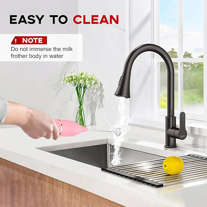 Handheld Milk Frother 14,000 RPM Drink Mixer Wand with Stand & Stirring Spoon Quiet One-Button Operation, Non-Slip Handle, Detachable Whisk Head for Coffee, Lattes, Cappuccinos, Matcha (Pink)