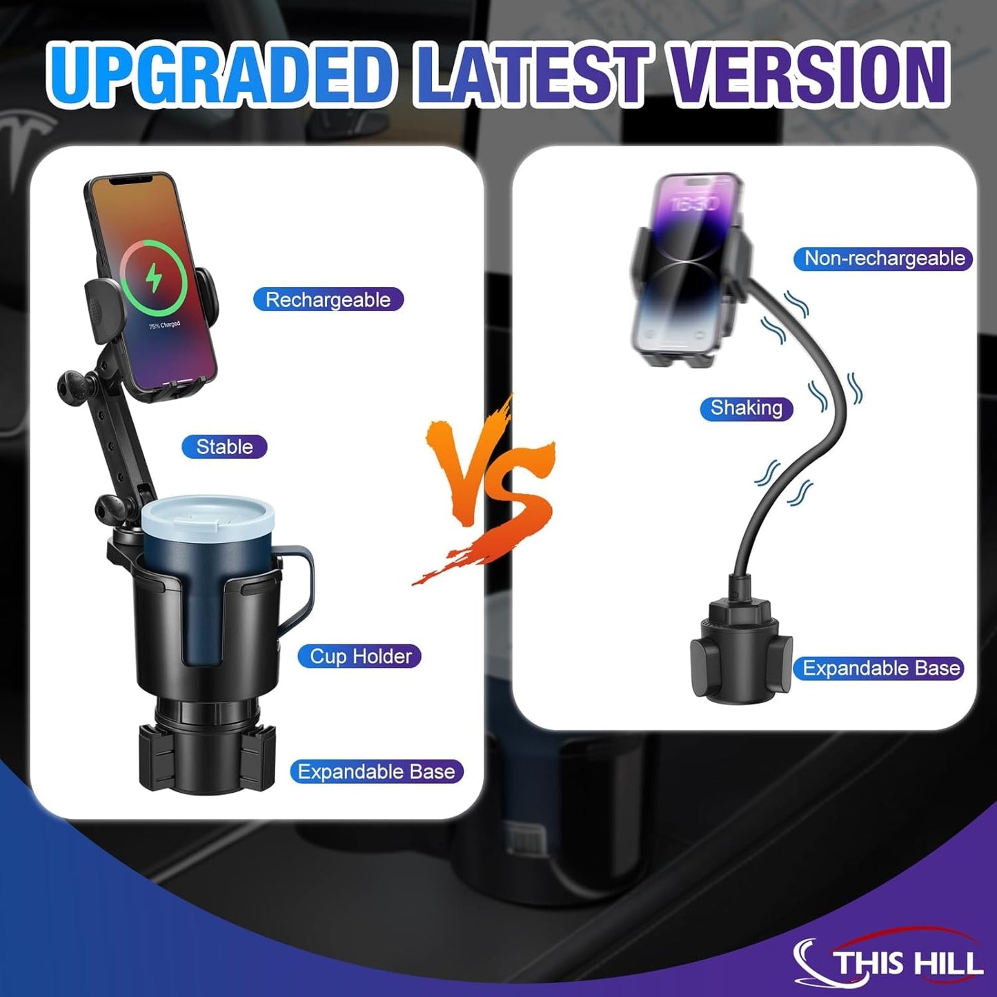 This Hill Cup Holder Phone Charger, 15W Fast Charging Auto Clamping, Phone Holder for Cup Holder Charger with Adjustable Base & 360° Rotation Compatible for All Smartphones(with Car Adapter)