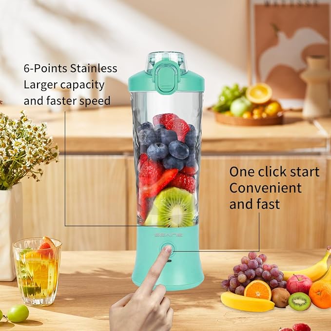 Portable Blender, Personal Blender for Shakes and Smoothies with 20 Oz Travel Cup and Lid, Mini Personal Size Blender with 6 Blades and USB Rechargeable for Gym and Kitchen (Mint Blue)