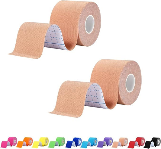 Pro Synthetic Kinesiology Tape 2 Rolls, Athletic Sports Tape for Muscle Joint Support, Pain Relief for Knee Elbow Wrist Ankle, 2 in x 16.4 Ft, Beige