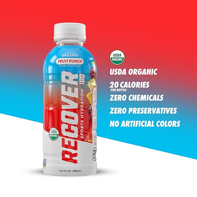 RECOVER 180 Organic Sports Hydration Drink, No Sugar Added, 20 Calorie Sports Beverage, Organic Flavors With Vitamins, Potassium-Packed Electrolytes (16.9 Fl Oz (Pack of 12), Fruit Punch)