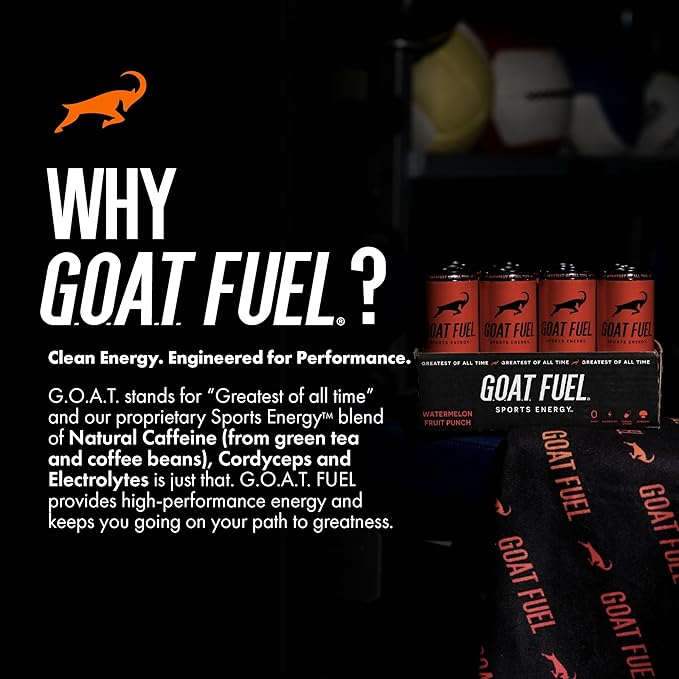 G.O.A.T. Fuel Energy Drink, Co-Founded by Jerry Rice, Natural Caffeine, Electrolytes, BCAAs, Cordyceps & Antioxidants, Light Carbonation Pre Workout, 12 Pack, 12 FL Oz, Watermelon Fruit Punch