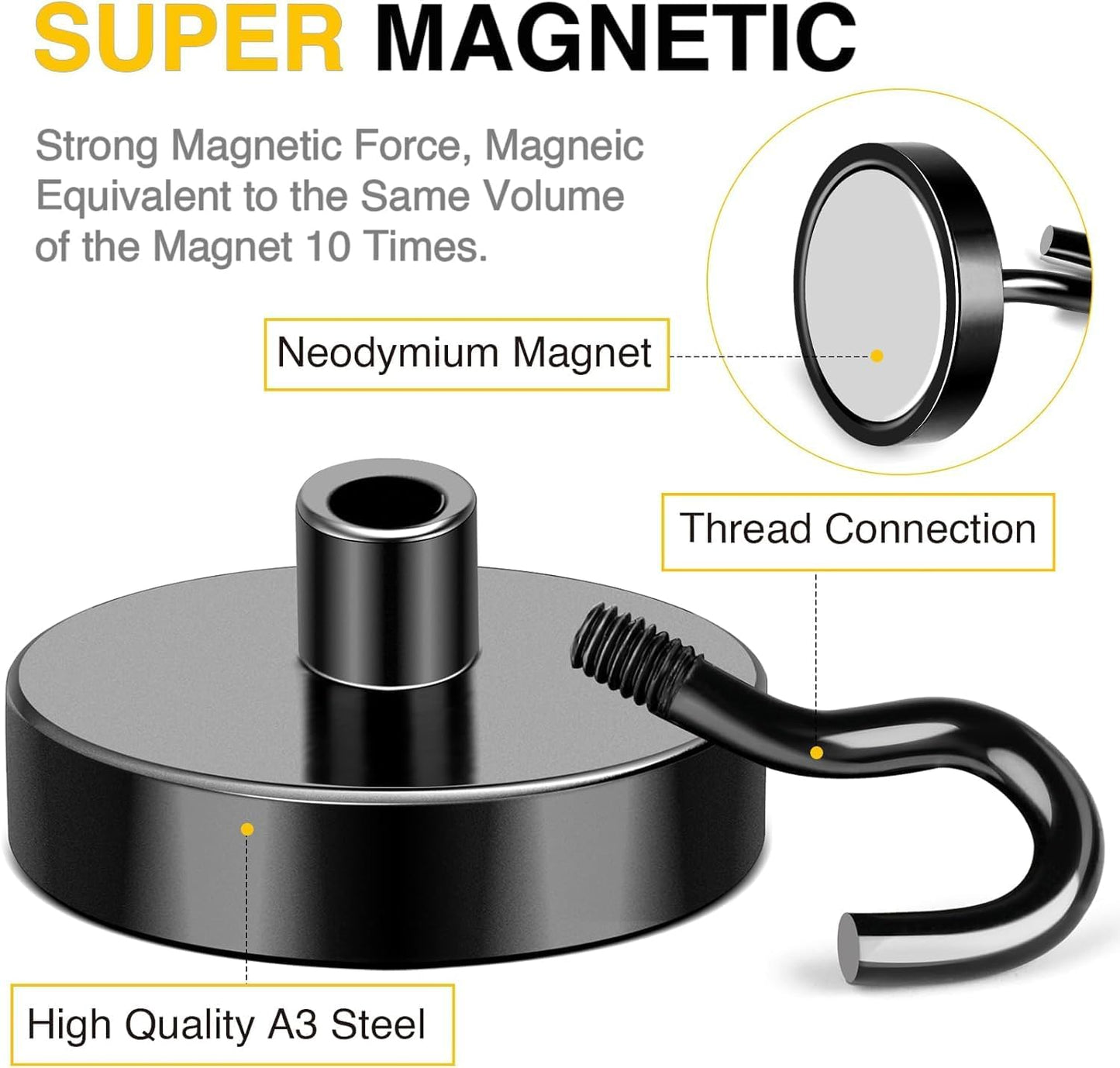 DIYMAG Black Magnetic Hooks, 118 LB Heavy Duty Strong Magnets with Hook, Rare Earth Neodymium Magnet for Cabins Cruise Ship Essentials 8 Packs