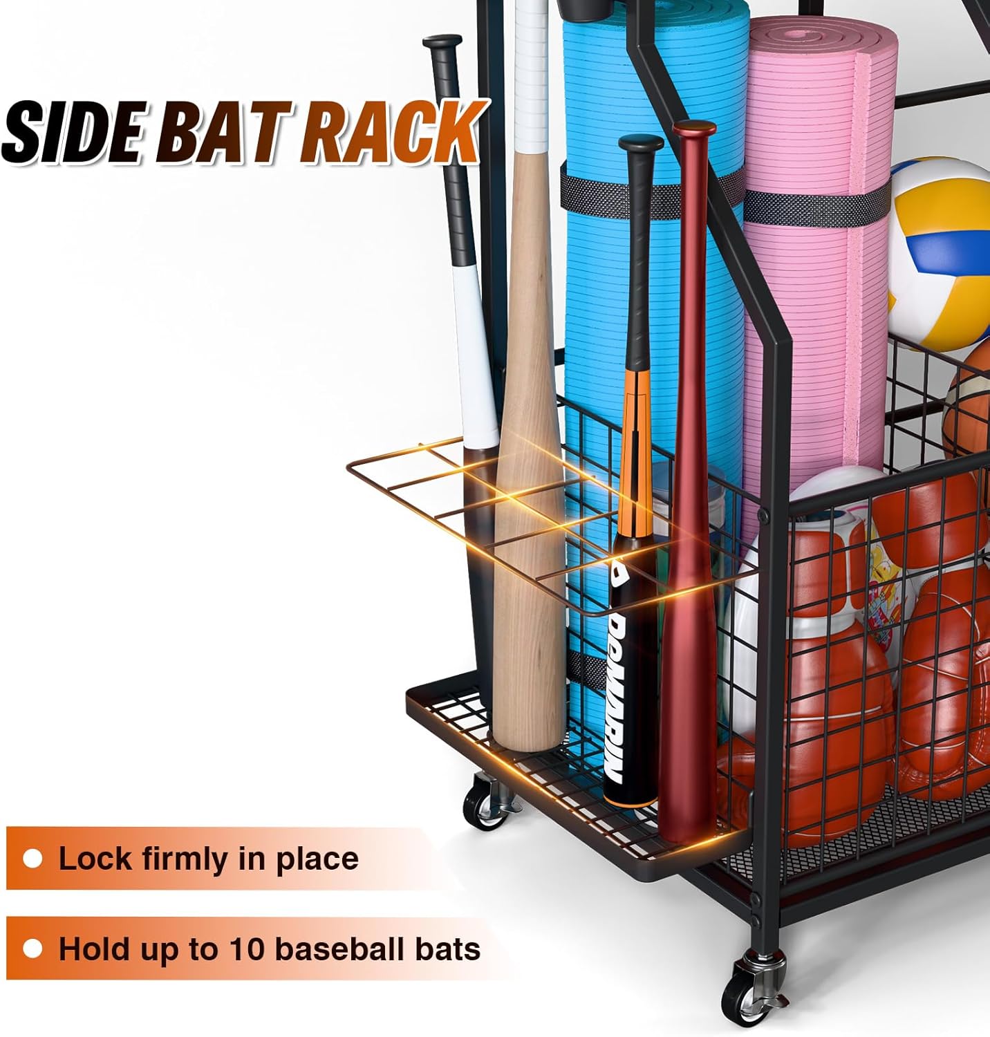 Sports Equipment Organizer, Garage Storage with Basket and Hooks, Rolling Cart with Wheels for Toy Sports Gear Storage, Ball Rack for Indoor/Outdoor